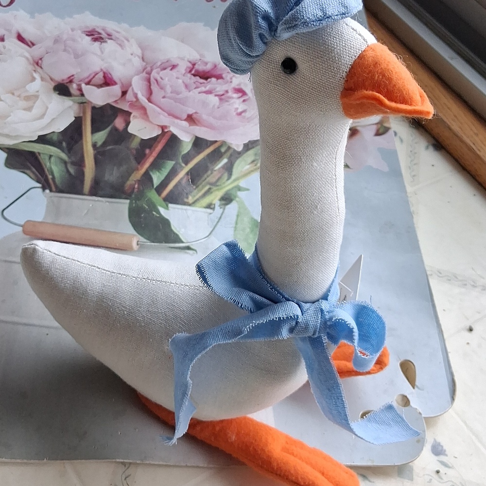 Porch Goose Style Fabric Goose With Blue  Bow And Hat| Spring Easter Decor
